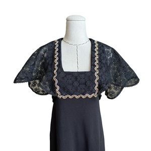 Vintage 70s Black Poly Maxi Dress Lace Sleeves Gunne Hippie Boho XS S
